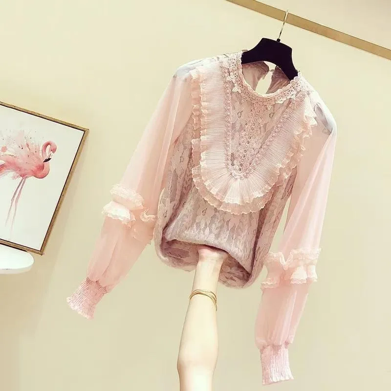 2024 Spring Fashion Embroidered Blouse Ruffle Flower Chiffon Shirt Women\'s Sweet Long-sleeved Stand-up Collar Ruffled Lace Shirt