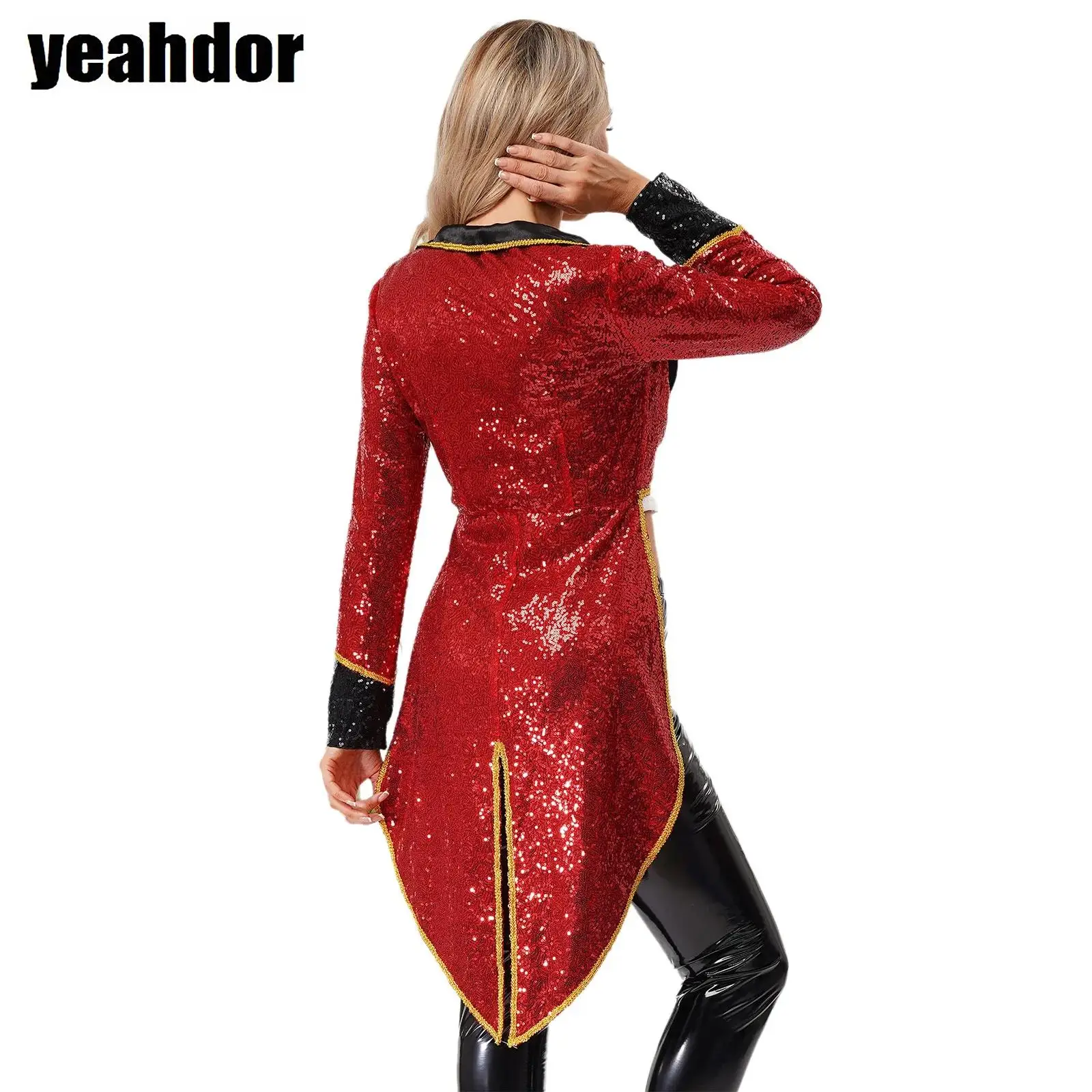 

Women Circus Ringmaster Costume Sequin Gold Trim Long Sleeve Tailcoat Jacket Showman Majorette Coat Halloween Lion Tamer Cosplay