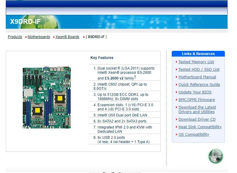 X9DRD-iF for Supermicro Motherboard,Xeon Processor E5-2600 V1 V2, i350 Dual port GbE LAN