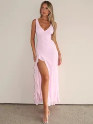 Mozision Elegant Sleeveless Ruffles Sexy Long Dress For Women Summer New Deep V Neck Backless Thigh High Split Maxi Dress