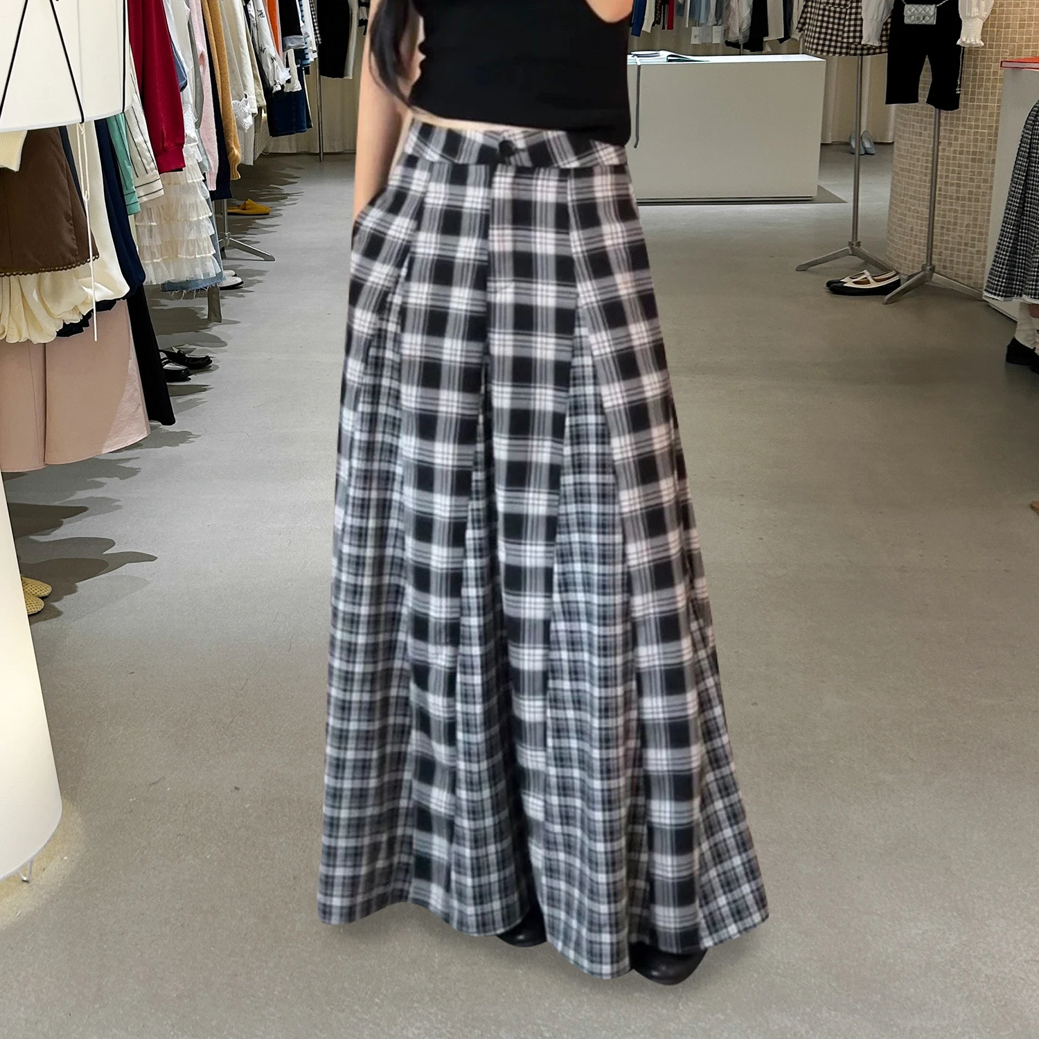 High Waist A-Line  Skirt Bla Plaid Retro Hong Kong Sle Slimming Long Skirt Autumn New Arrival Women's Faion