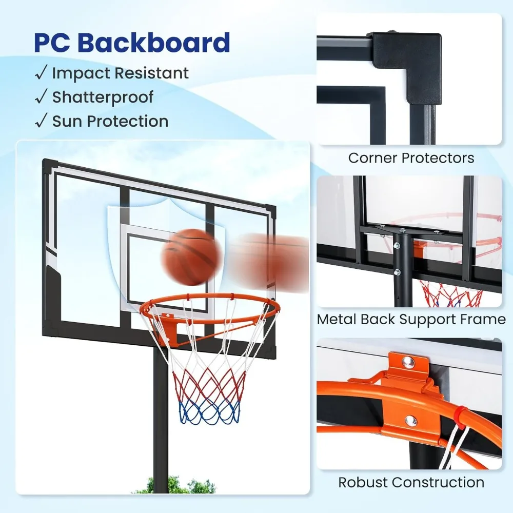 Sistem Bola Basket Luar Ruangan Portabel, Tinggi Gawang Dapat Disesuaikan 3.3-7FT hingga 10FT dengan Papan Pantul Anti Pecah dan Roda untuk Kemudahan Bergerak