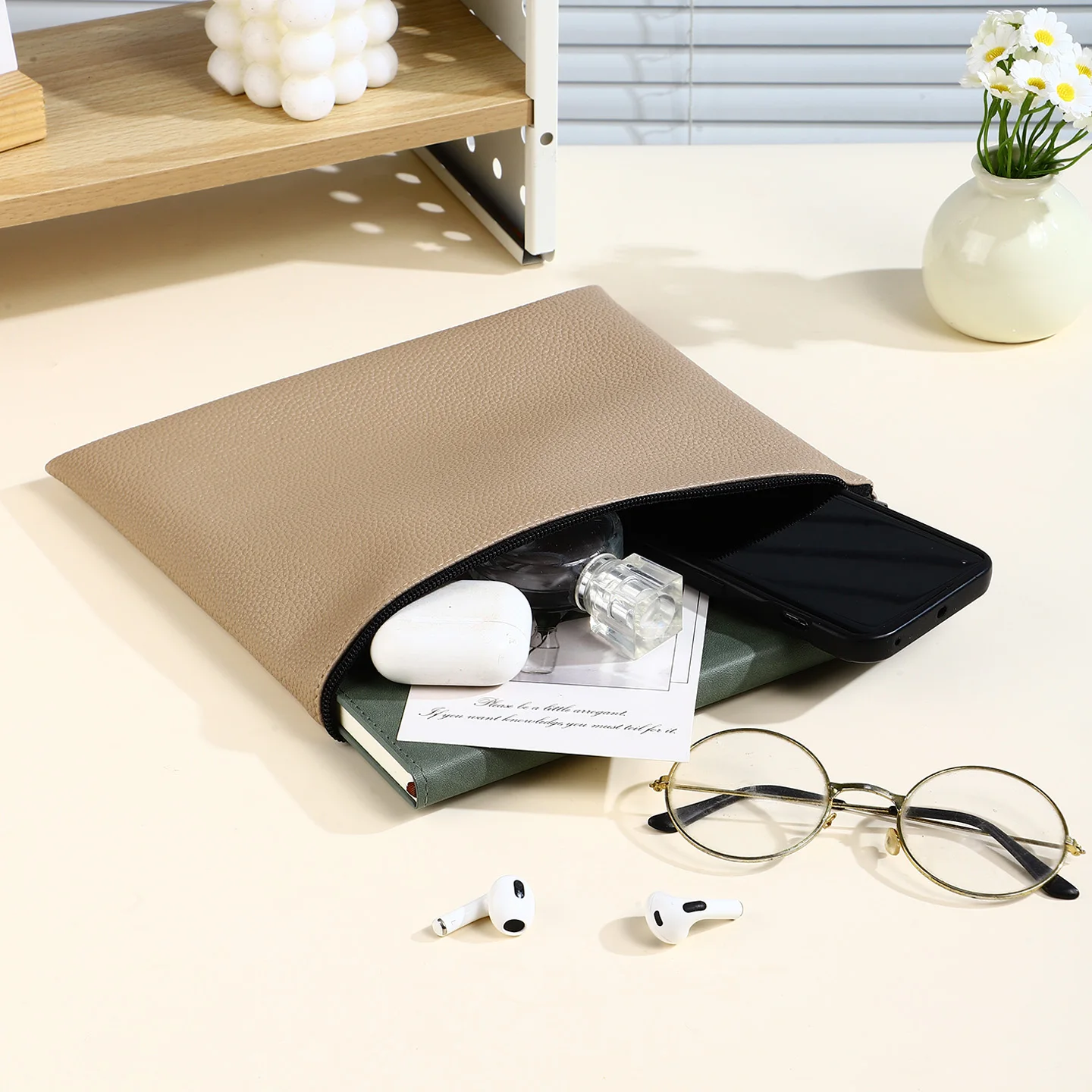 Bolsa de arquivo de couro com zíper único, tamanho 25cm × 20,5cm, organizador para dentro da bolsa de maquiagem grande, organizar cosméticos, bolsa feminina/viagem