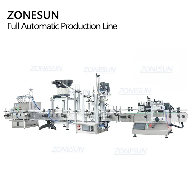 Zonesun desktop totalmente automático 4 bocal tinta gel líquido redondo pet garrafa enchimento tampando máquina de rotulagem linha com tampa alimentador