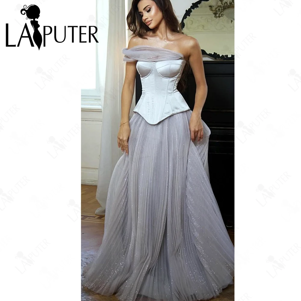 فساتين لحضور الحفلات الموسيقية باللون الرمادي المجعد مشد من الساتان المنحني ثوب مسائي بدون أكتاف مجعد تنورة على شكل حرف A فستان رسمي 2025 #4
