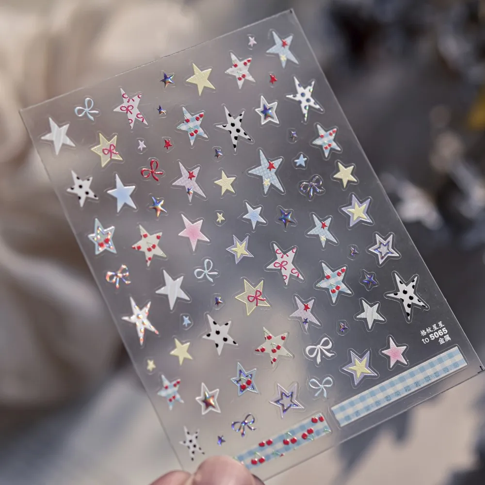 Naklejki na paznokcie 5D, błyszcząca metalowa siatka, gwiazdy, kolorowe kokardki z pięcioramienną gwiazdą, naklejki do zdobienia paznokci DIY, samoprzylepne naklejki do manicure