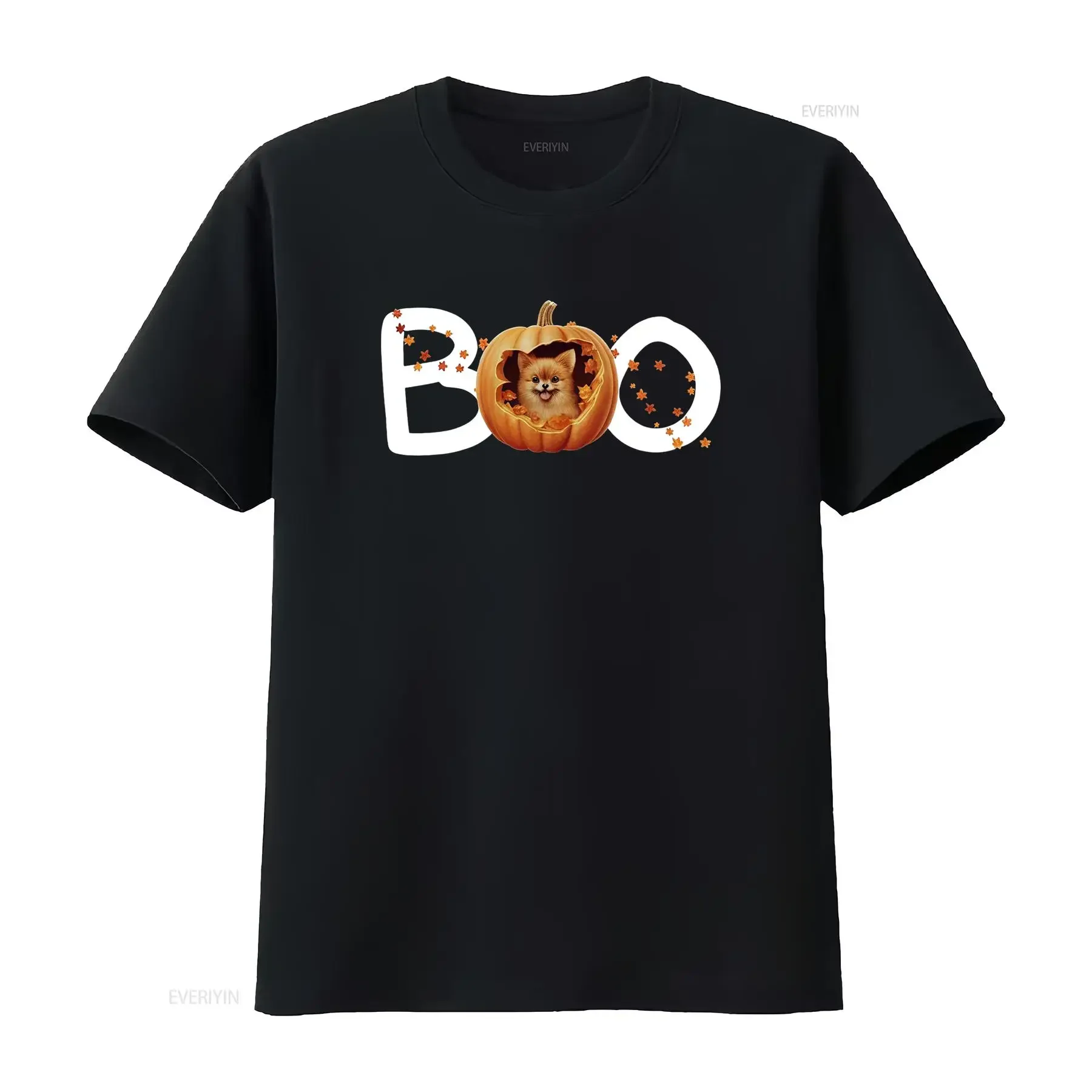 Cute Cartoon Halloween Boo Pumpkin Pomeranian Puppy Maple Leaf Print Casual T Shirt vintage Washed Stretched Stylish Slightly