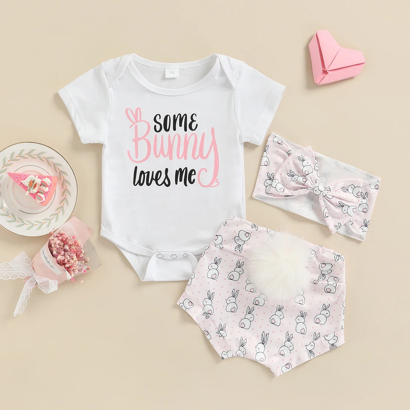 Lioraitiin Conjunto de ropa de Pascua para niña recién nacida: body de manga corta, pantalones cortos, diadema.