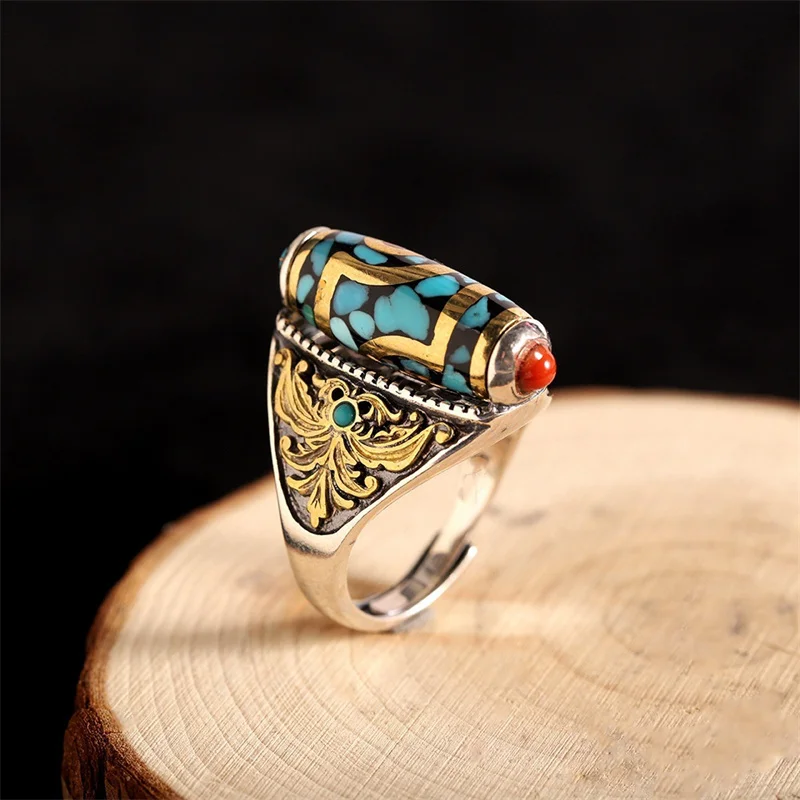 Ethnischer Stil farbige Linien Blumen auge rotierende Perlen ring männliche Zeigefinger Accessoires Mode Männer Ring s925 Schmuck verstellbar