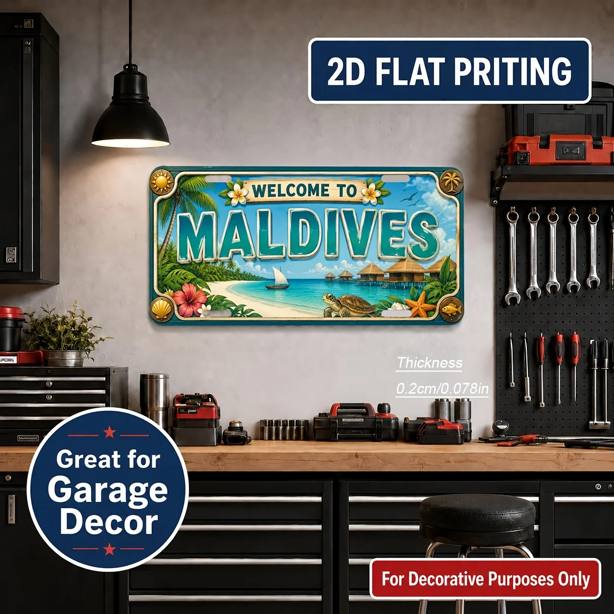 2D Flat, [2D Flat] 2D Flat, 1pc, Maldives Themed Vintage Metal Sign, Home Decoration, Birthday Gift, Vintage Wall Art, Industria