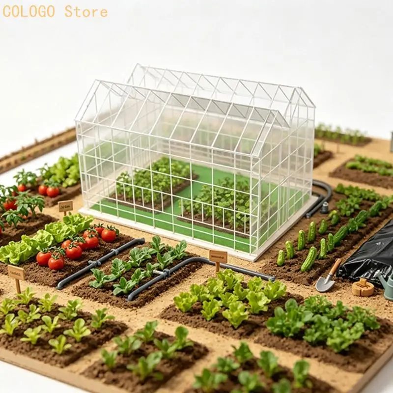 Miniature Acrylic Greenhouse Display Model with a Sloped-Roof Frame and Artificial Grass Base for DIY Dioramas Scene and