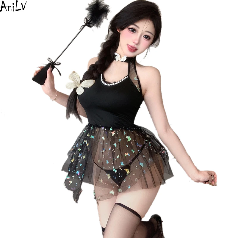 

AniLV Sparkling Butterfly Chinese Dress Uniform Temptation Pajamas Women Sweet Sexy Lingerie Outfits Erotic Costumes