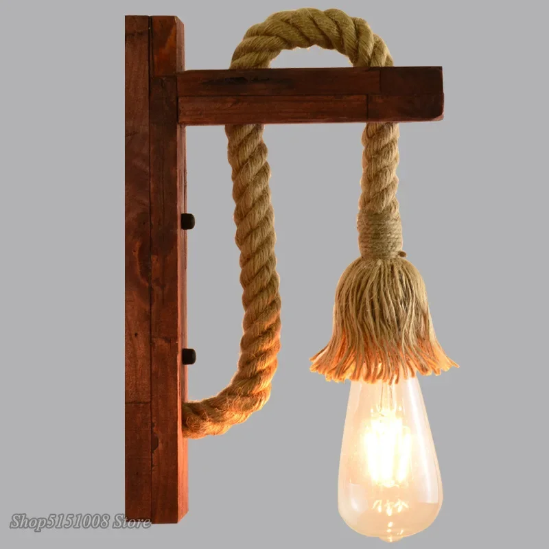 Vintage Hemp Rope Wall Lamp with Plug Wood Wall Lamp E27 Indoor Loft Outdoor Corridor Wall Lights Industrial Sconce Bedside Lamp