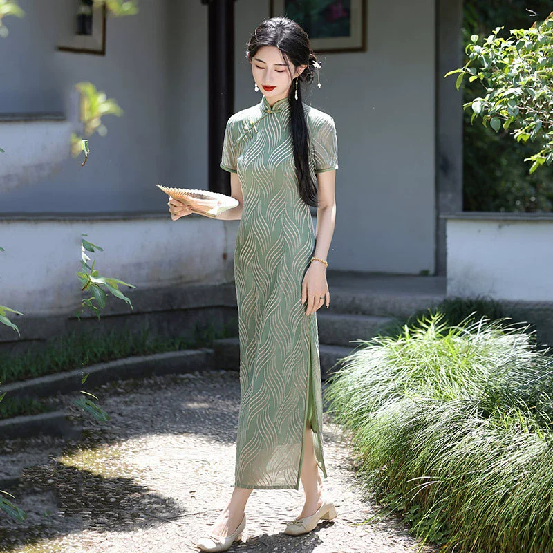 

Elastic Slim Fit Green Chinese Style Long Cheongsam Improved Youthful 2025 New Women's Retro Summer Qipao Dress