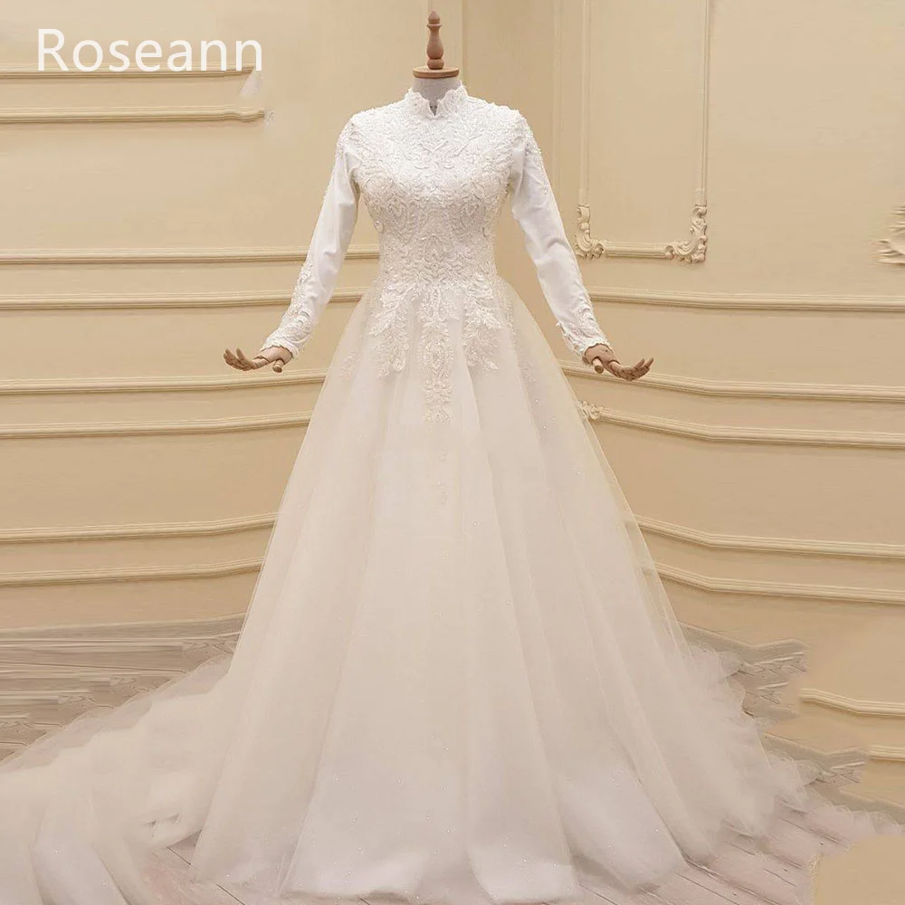 

Muslim Ivory A-line Wedding Dresses Customized Applique Draped Pleat Brush Train High Collar Full Bride Dresses robe de mariée