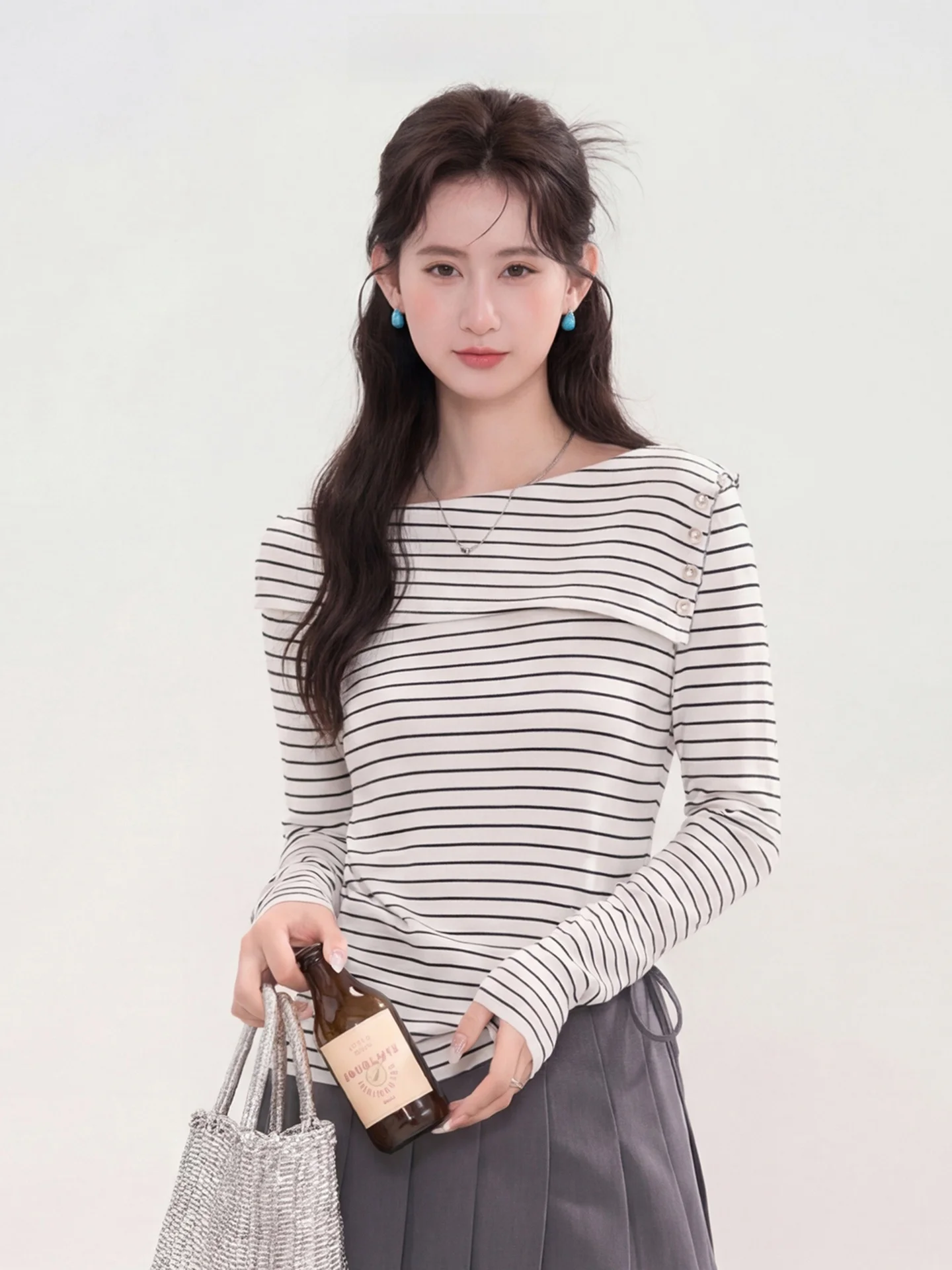 

Heme 6 Woolen Knitted Long Sleeve Sweater Spring Top Women's Fashion Window Floral Field Design Stripe Flip Soft Polyester