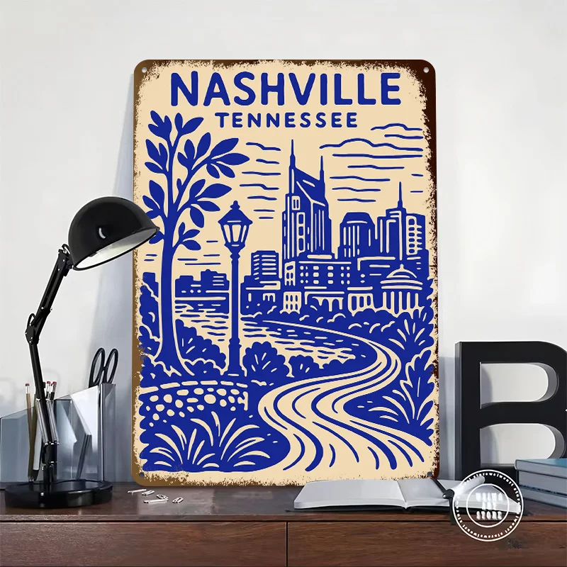 Nashville Tennessee Skyline Art Tinplate Poster Customized Wall Art Vintage Metal Signs Retro Plates for Mancave Decoration Home