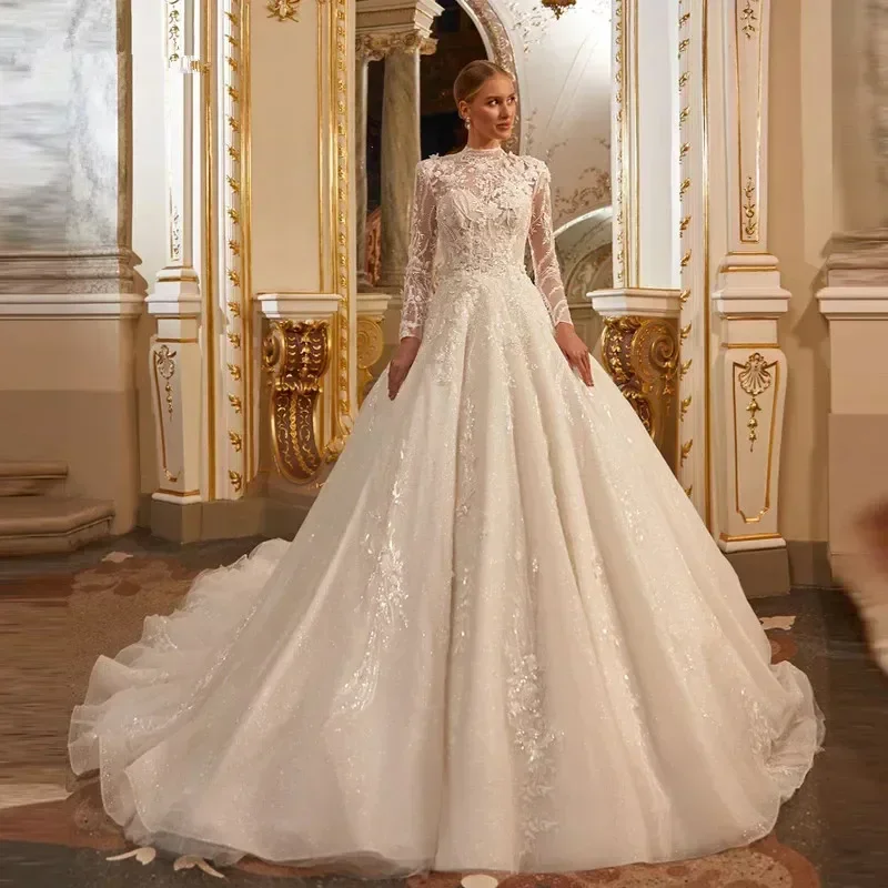 

Applique Lace High Neck Romantic Bridal Dress Luxury Long Sleeve Muslim Wedding Dress Customized
