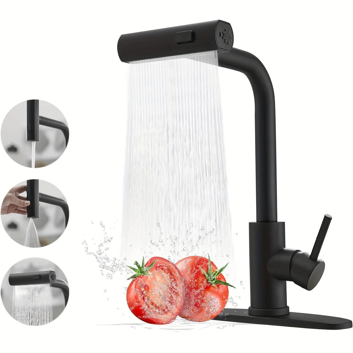 1 PC Black Kitchen Faucet With Pull Down Spray, Waterfall Kitchen Sink Faucet, Commercial Utility Stainless Steel Kitchen Faucet - view 2