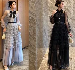JAMERARY Runway Designer Summer Polka Dots Holiday Cake Dress Women Mesh Tulle Bow Lapel Evening Party Prom Vestidos