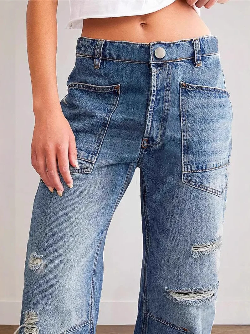 

Retro Hole Straight Leg Pants Casual Patchwork Loose Long Trousers Women's Denim Jeans Cotton Low Waist Blue