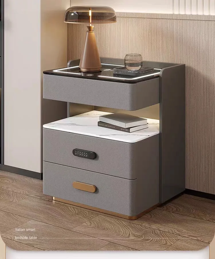 طاولة بجانب السرير من الخشب الصلب الفاخر الحديث مع خزانة بجانب السرير متعددة الوظائف للشحن الذكي للمنزل والفندق لورش العمل #4