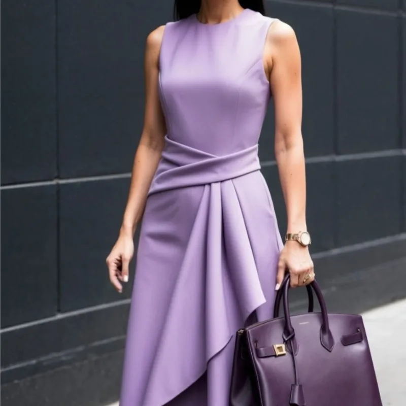 2025 Summer New Fashion Women's Dress Solid Color Waisted Sleeveless Asymmetrical Long Dresses Temperament Office Ladies Commute