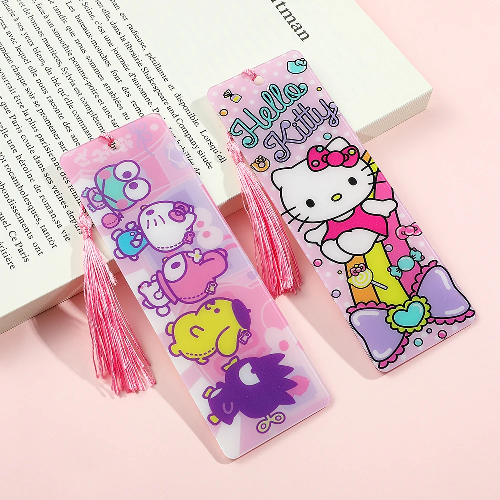 Série Sanrio Tassel Marcador, Anime Cartoon, Hello Kitty, Kuromi, Fan coleção, Papelaria acrílica, Marcadores de leitura, Fofa