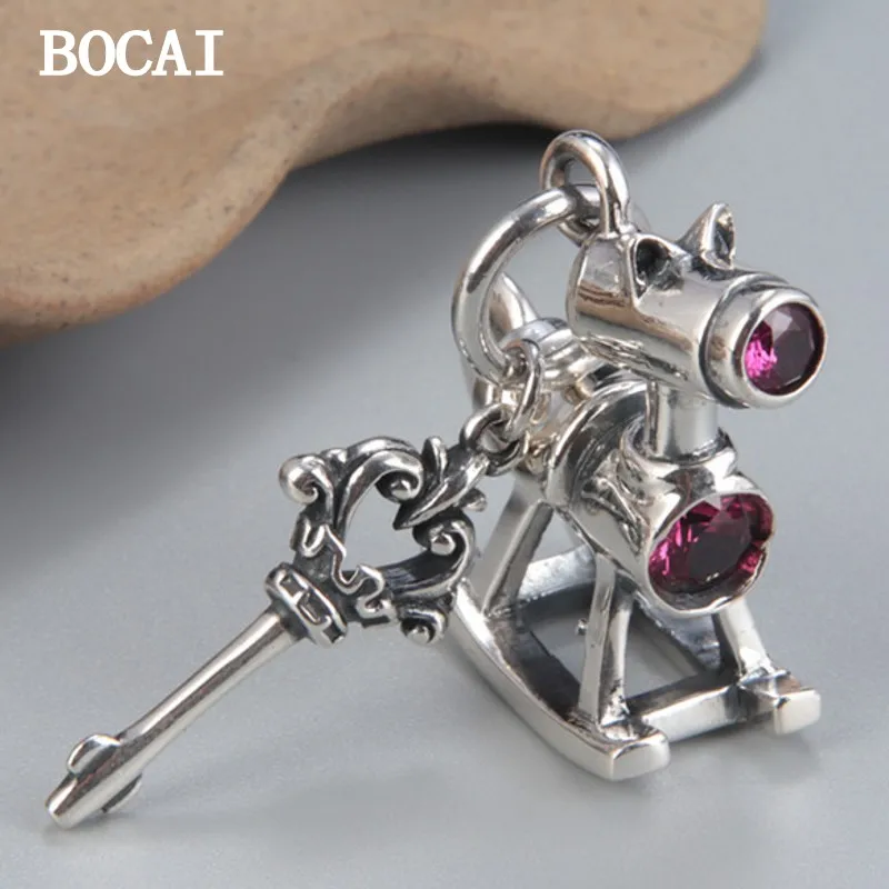 

BOCAI NEW S925 Sterling Silver Personality Fashion Trend Carousel Keys Red Zircon Pendants