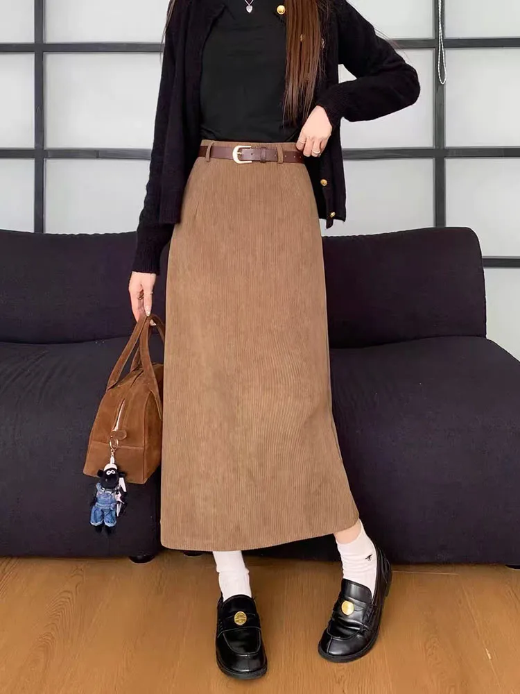 Vintage Corduroy Skirts for Women Autumn High Waist with Belt Midi Skirts Korean Loose Office Lady All Match A Line Skirts New