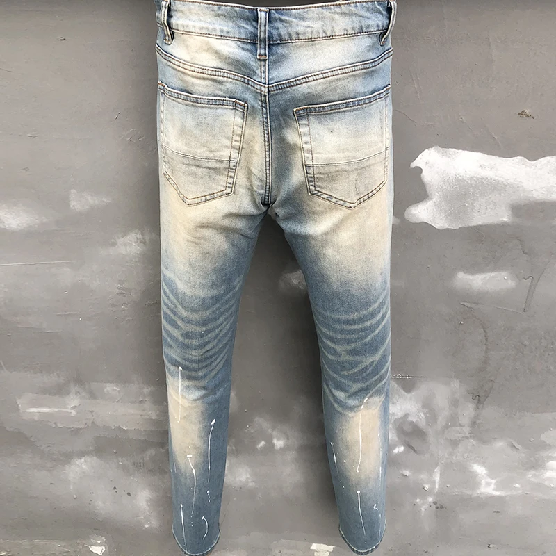 2023 Men Stretch Retro Splash Ink Skinny Denim Jeans Pants Hip Hop Rhinstone Men Jeans Ripped Fashion Casual Washed Hole Jeans