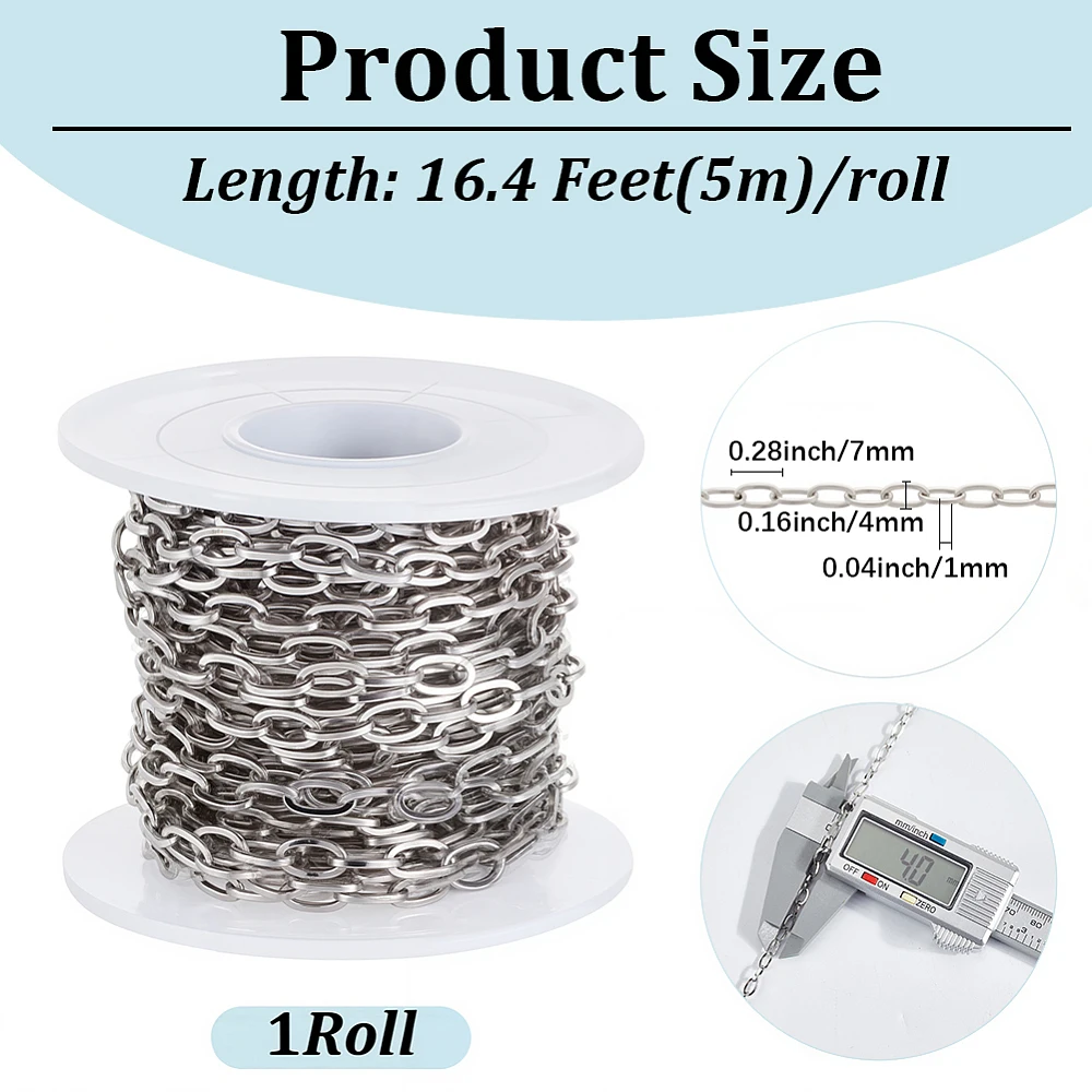 16.4 Feet/5M Stainless Steel Cable Chain Roll with Plastic Spool Silver Oval 7 x 4mm Textured Soldered Jewelry Link Chain