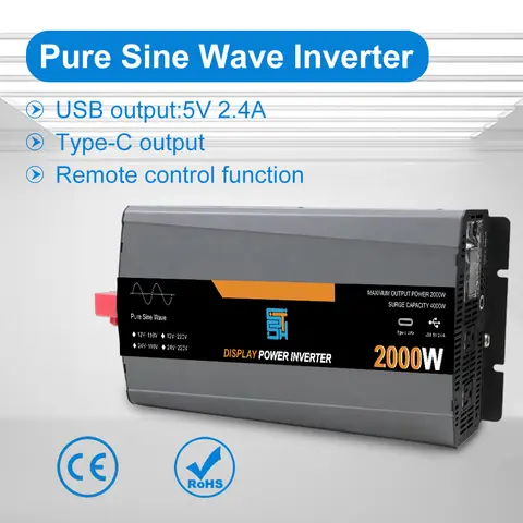 Inversor de onda sinusoidal pura de pico, potencia nominal de 1000W, ventilador de refrigeración automático con control de temperatura, convertidor de voltaje, potencia máxima de 2000W