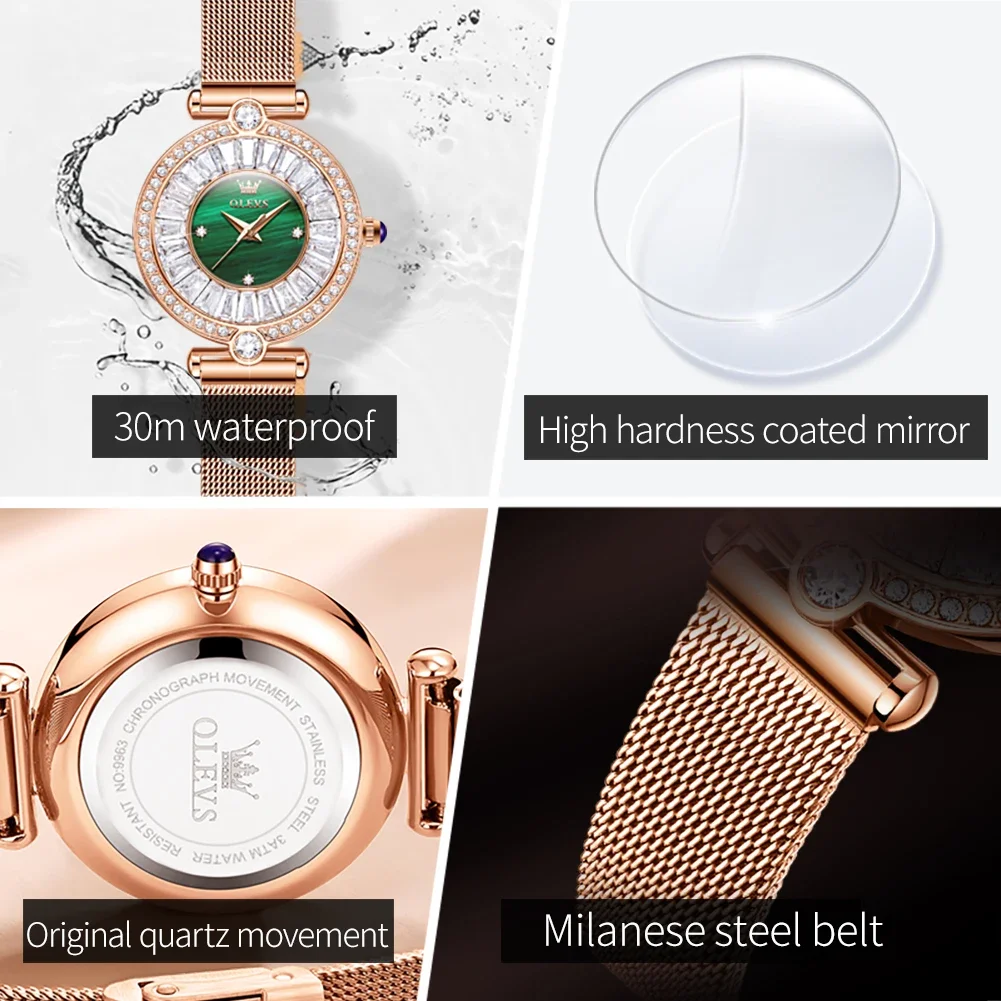 OLEVS-Montres-bracelets en diamant pour femmes, bracelet en PU, montres à quartz étanches, décontracté, 9963