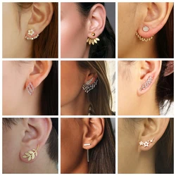 New European Metal Stud Earrings Gold Color Alloy Flower 2 in 1 Daisy Lotus Hollow Geometric Women's Small Earrings Punk Jewelry