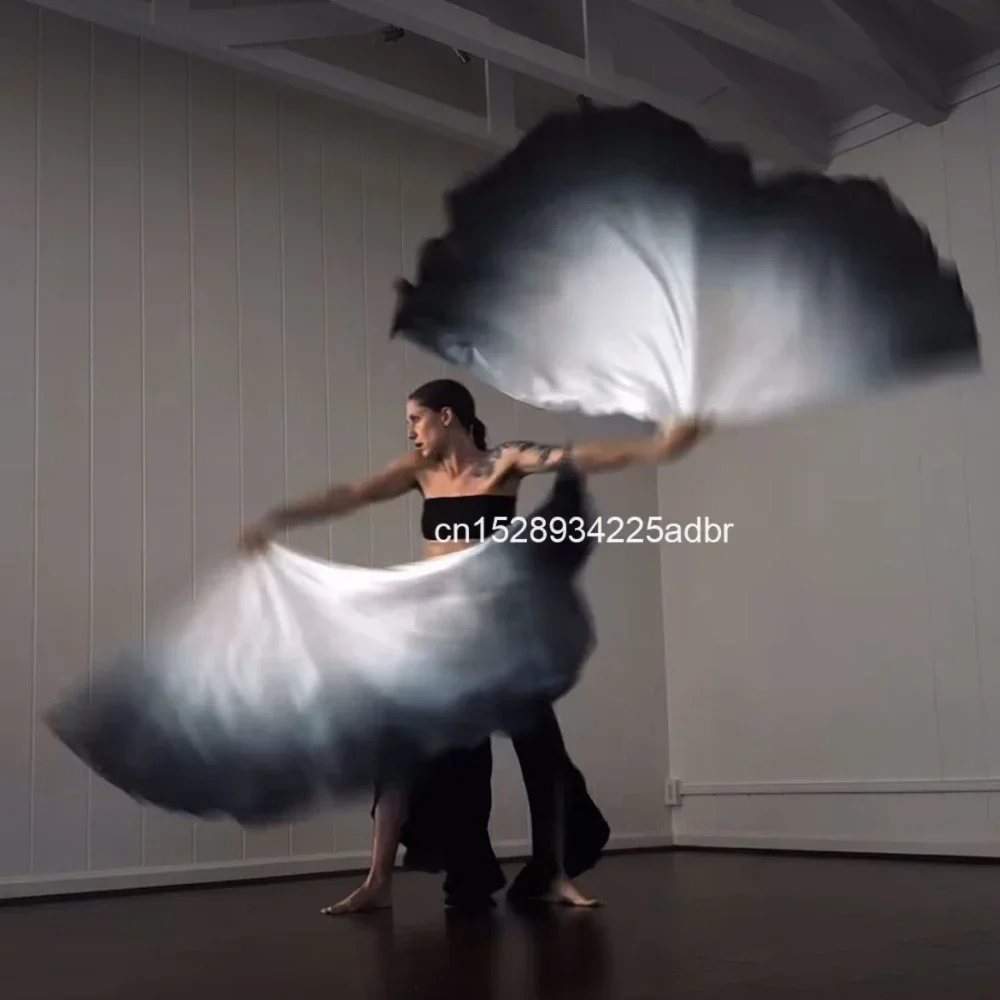 

1 Pair Dance Praise Flag Event Performance Props 100 Percent Pure Silk With Stick White Gradient Black Silk Banner For Worship