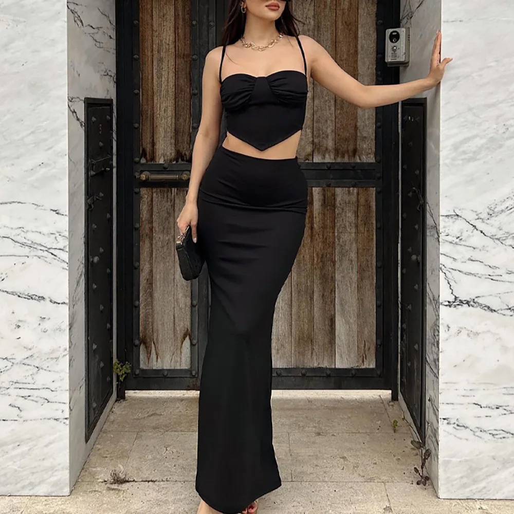 

Sexy Pure Color Wrap Chest Long Skirt Set Cross-Border Faionable Strap Design Bodycon Dr Casual Sportswear for Women