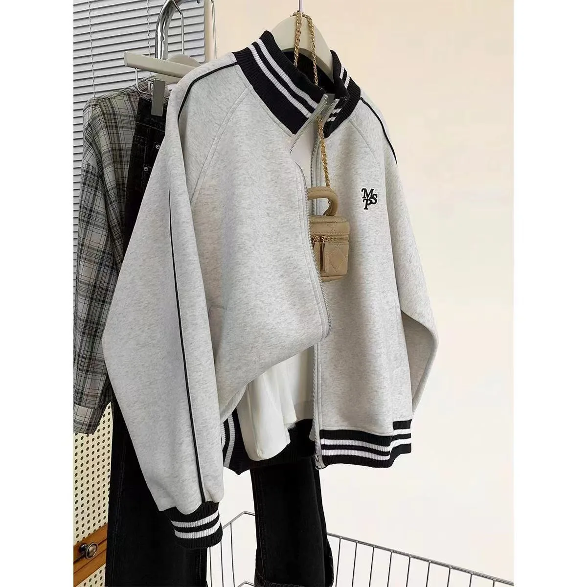 Cross-Border American Baseball For Women, Color-Block Striped Stand Collar Loose College Style Casual Sports Sweatshirt Jacket