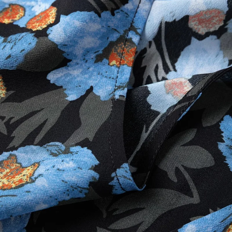 버드트리 여름 100% 뽕나무 실크 드레스, 여성용 더블 크레이프 O넥 루즈 플로럴 프린트 반팔 드레스, 신상 2025 D55002JF