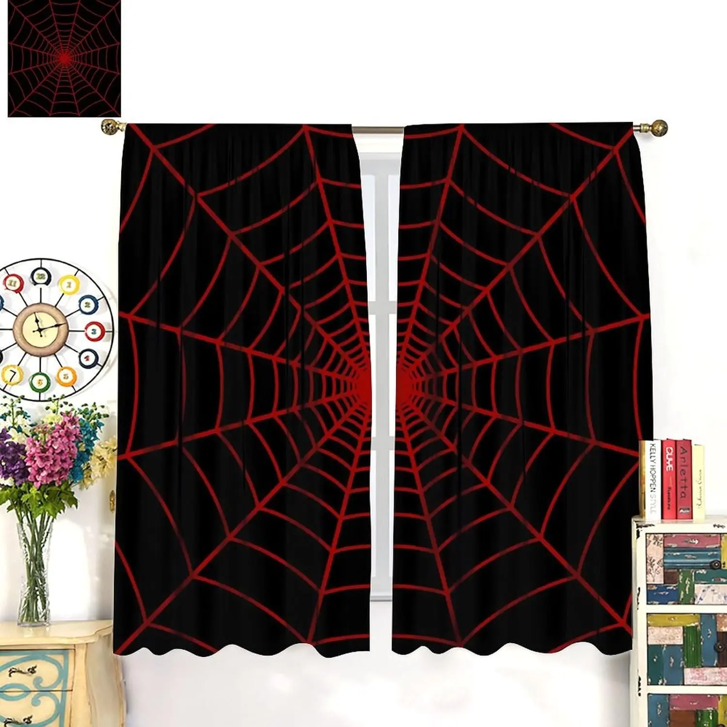 Spider Web Print Curtains Red Black Halloween Theme Design for Party Room Living Room Home Decor
