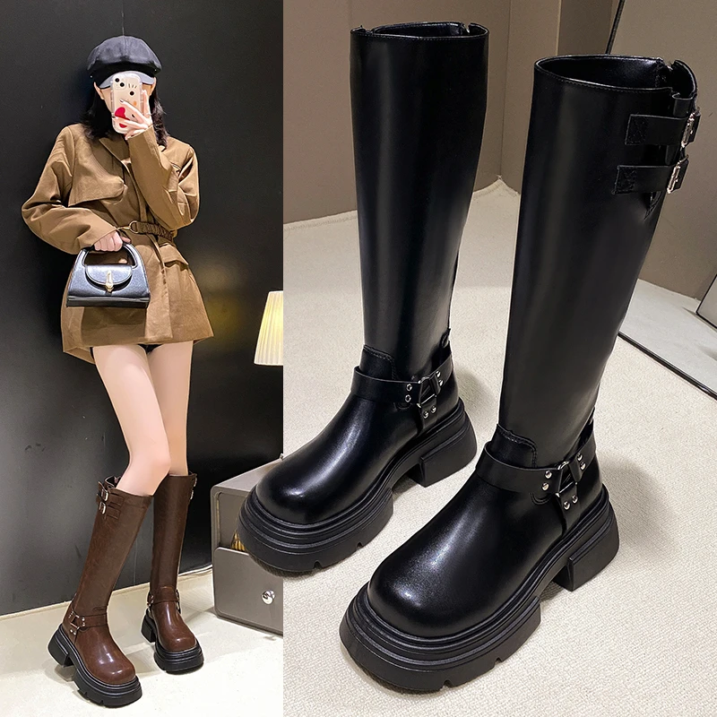 New Fashion Winter Denim Boots Women's Retro Brown Belt Buckle Round Head High Boots Knee Length Boots Zapatos Mujer
