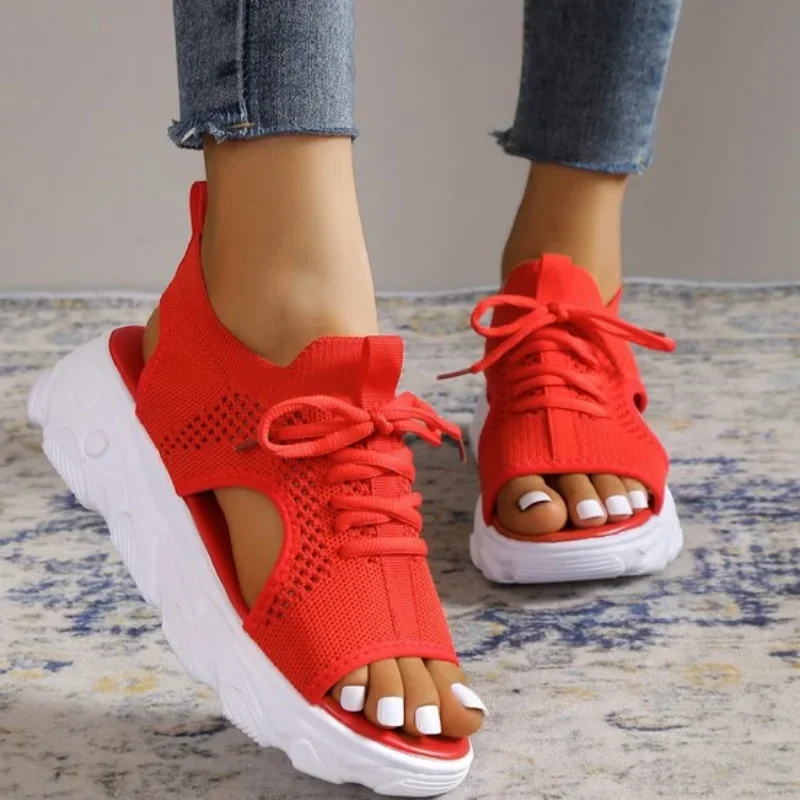 Sandal Women Summer 2024 Casual Platform Shoes Thick-Soled Lace-Up Sandalias Open Toe Beach Shoes for Women Zapatos Mujer