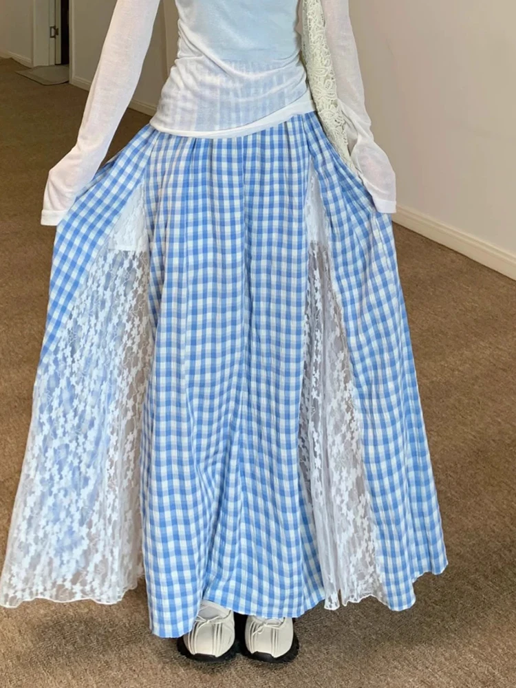 

Blue Vintage Plaid Skirts Women Summer New Irregular Lace Patchwork A Line Skirt Japanese Casual High Waist Female Sweet Skirts