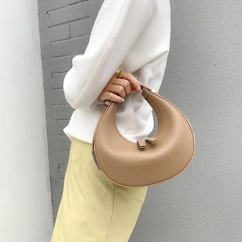 Donna-in Cow Leather Half Moon Bag Genuine Cowhide Women Crescent Hobo Handbag High Quality Round Deaign Underarm Shoulder Bag