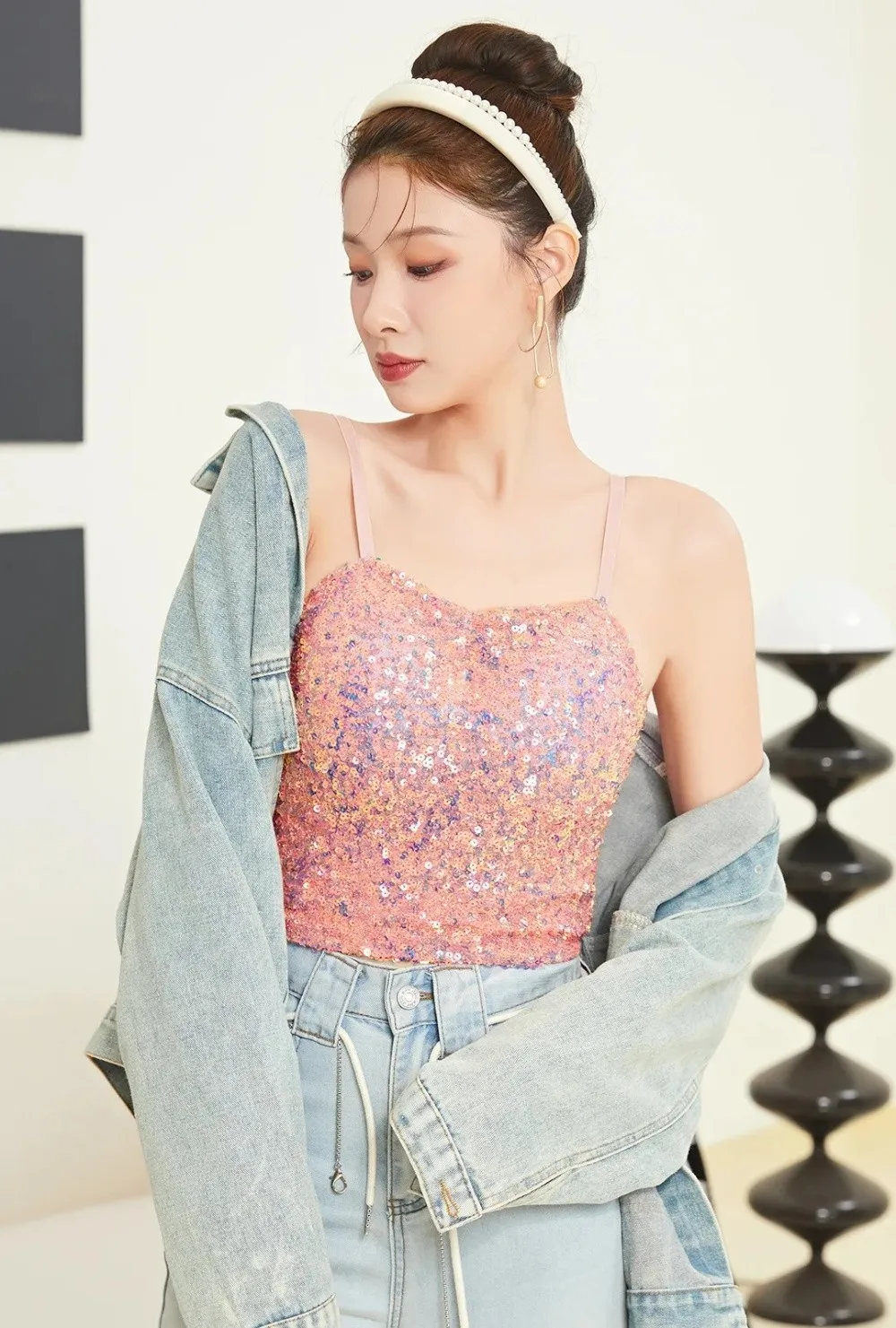 Glänzendes Pailletten-Tanktop mit hoher Elastizität, rückenfreies, kurzes Unterhemd, feste Wickel-Brustunterlage, Basic-Top – Detail 17