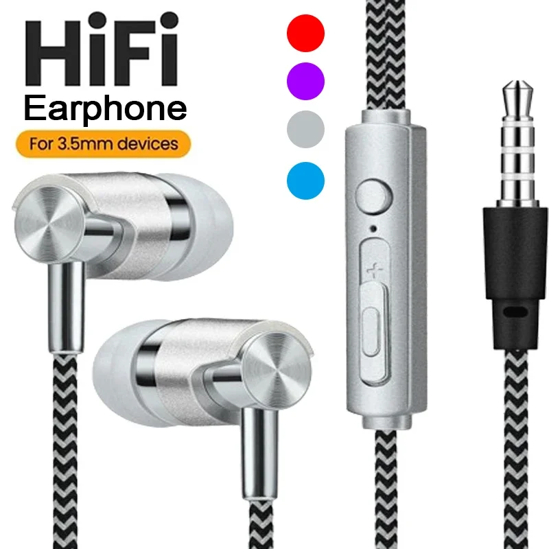 3.5mm In-Ear Stereo Earbuds Headphone Wired Nylon Weave Cable Earphone Headset With Mic For Phones Tablet Laptop Universal