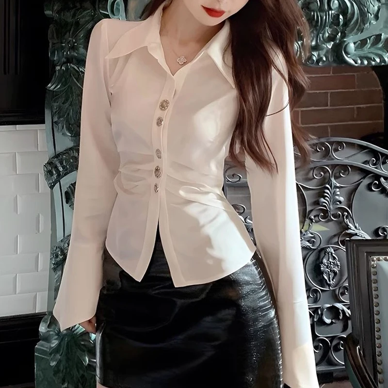 Women Vintage Fashion Ruched Sexy Satin Button Up Shirt Office Lady Elegant White Blouse Casual Y2K Long Sleeve Slim Tops Blusas