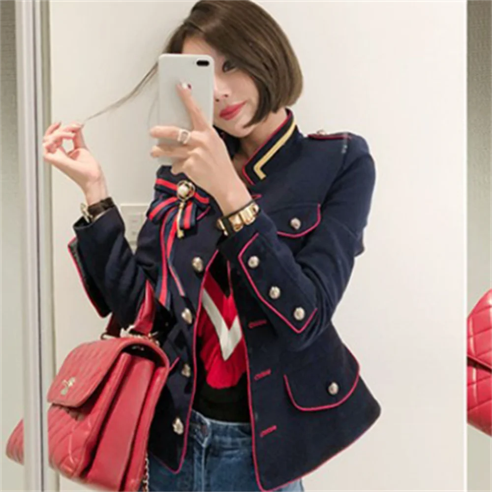 

Autumn and winter new vintage navy style single-breasted collar slim long-sleeved short jacket