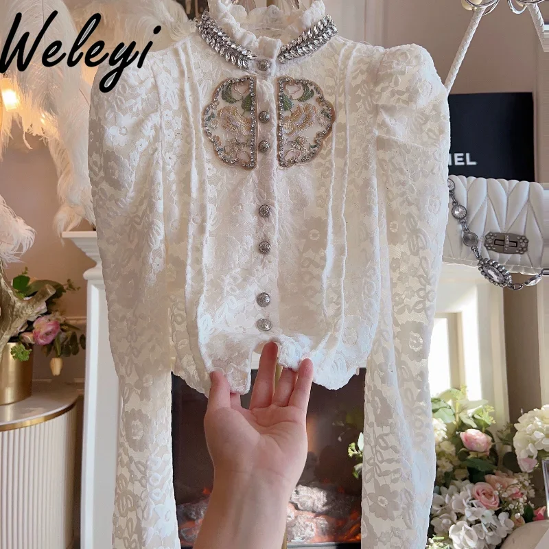 

Korean Fashion Retro Rhinestones Lace Shirt for Women 2024 Autumn New French Long Puff Sleeeve Beaded Blouse Female Top Ladies