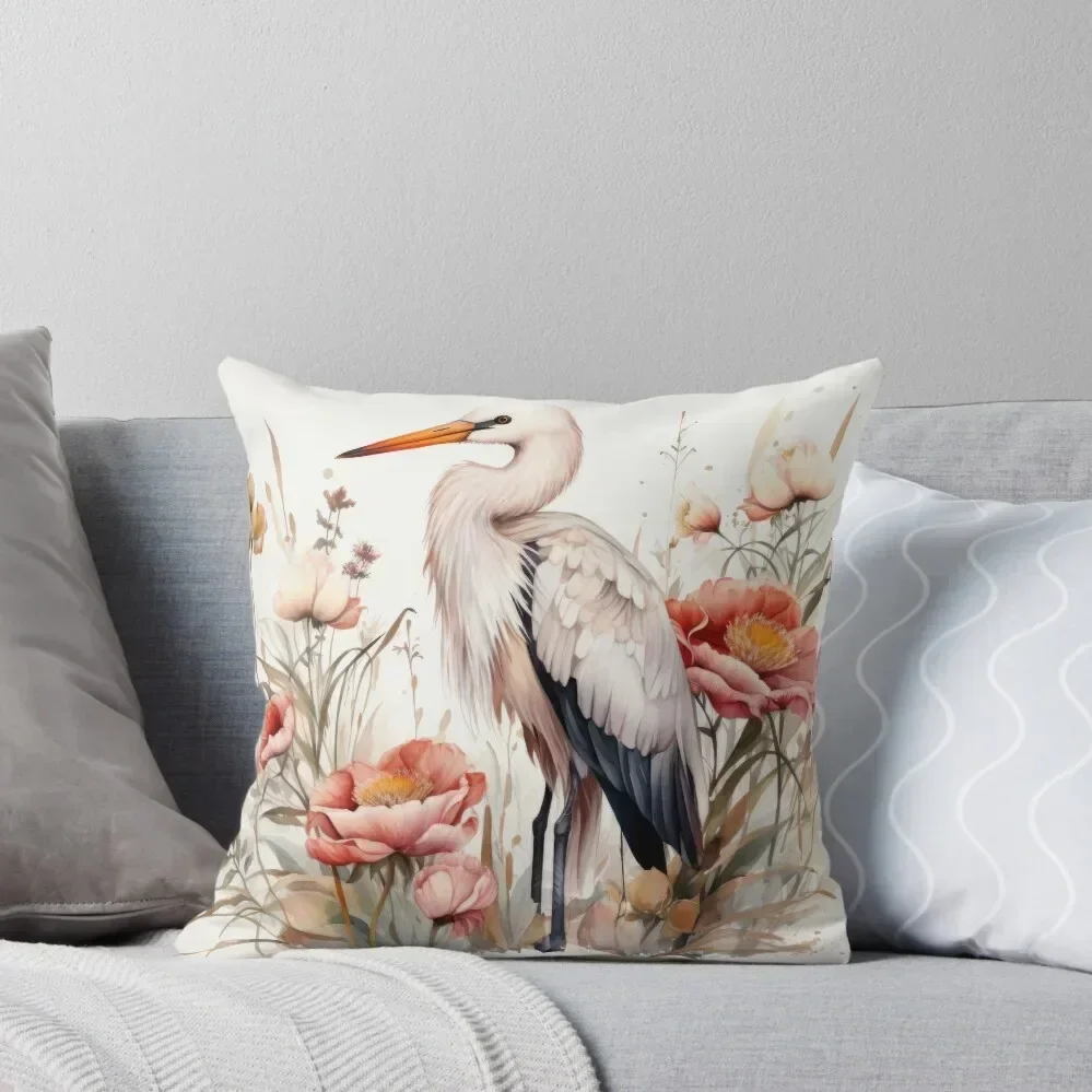 

Watercolour Stork surrounded by flowers Throw Throw Pillow pillows decor home Cusions Cover luxury home accessories pillow